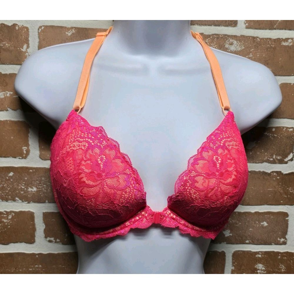 Victoria's Secret PINK Date Push Up Bra 34DD Underwire Front‎ Close Floral Lace